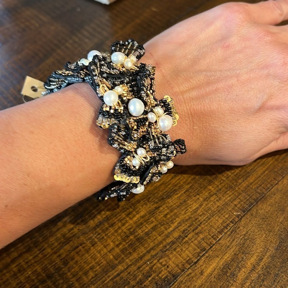 Deepa Gurnani Transcendence Collection Beaded Cuff Bracelet- Black/Gold